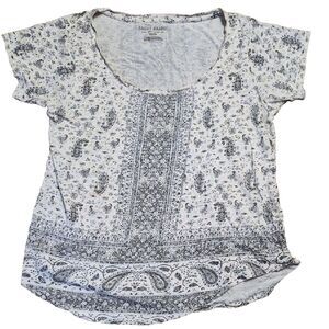Lucky Brand Boho Paisley Top Women Medium Gray Scoop Neck Peasant Hippie Festiva